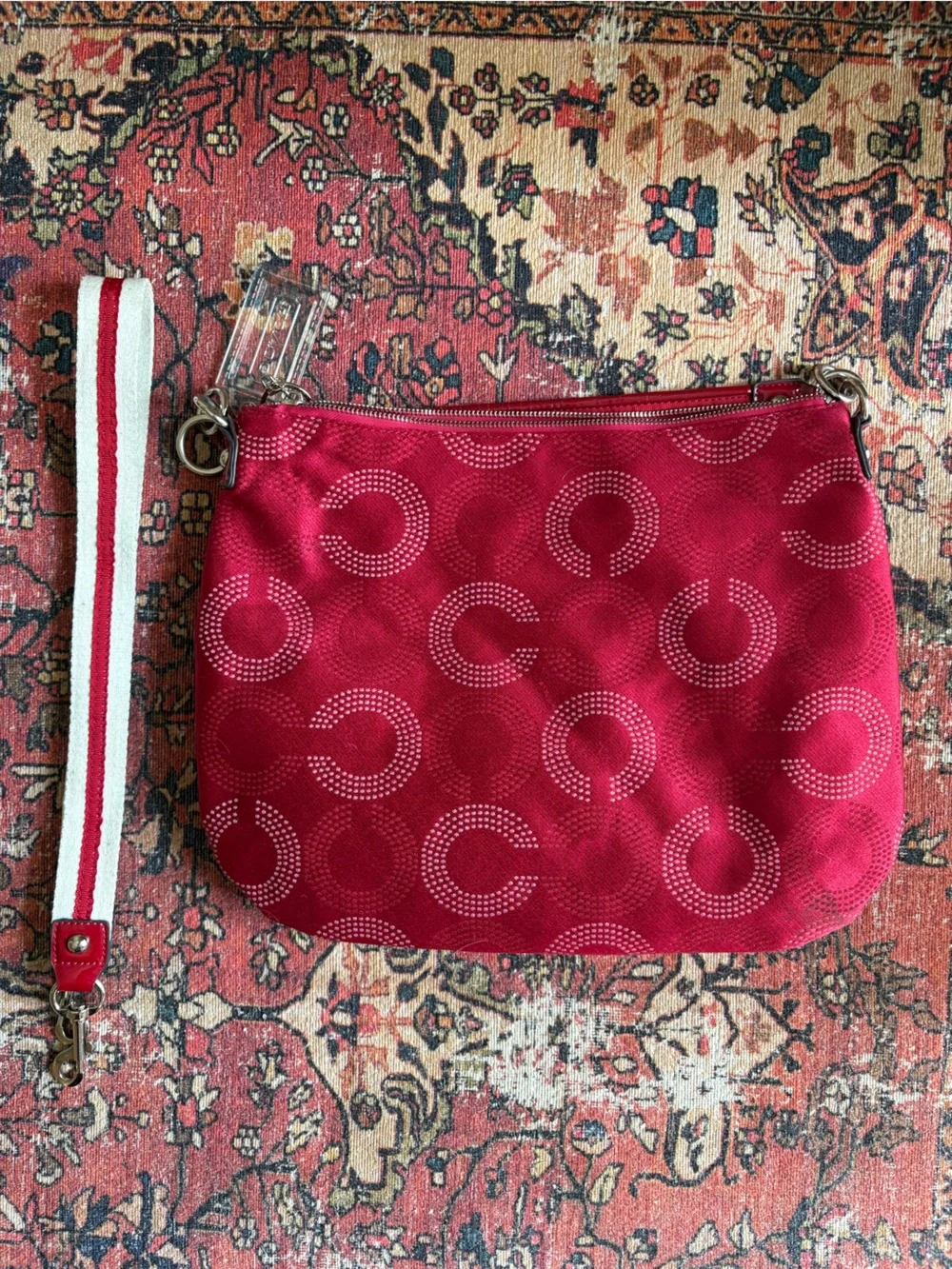 Coach Red Signature Double-Pocket Shoulder Bag with Stripe Strap